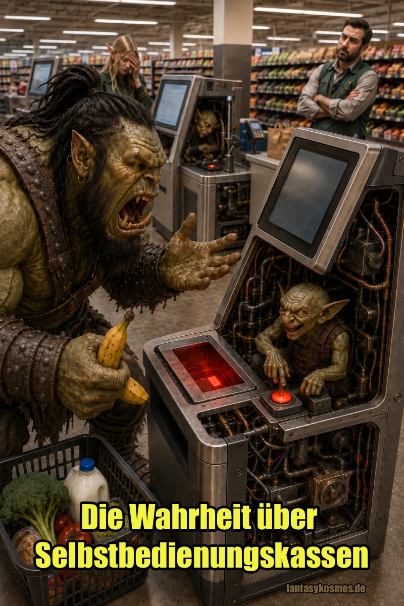Absurd-fotorealistische Fantasy-Szene in einem modernen Supermarkt: Ein wütender Ork hält eine Banane vor eine rot leuchtende Selbstbedienungskasse. Im geöffneten Inneren der Maschine sitzt ein grinsender Goblin zwischen Kabeln und Mechanik und drückt absichtlich einen roten Störungsknopf. Im Hintergrund verzweifeln weitere Kunden an goblinbetriebenen Kassen.