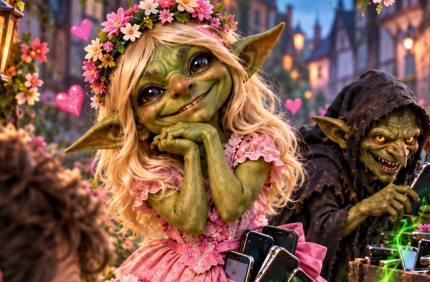 Absurd-fotorealistische Fantasy-Szene mit satirischem Betrugsmotiv: In einer romantisch kitschigen Blumenkulisse posiert ein grünhäutiger Goblin in rosa Kleid, blonder Perücke und Blumenkranz als angeblich harmlose „Klara“.