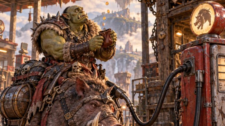 Absurd-fotorealistische Fantasy-Szene an einer prunkvollen Tankstelle der Zwischenreiche: Unten wartet ein frustrierter Ork mit leerem Geldbeutel neben seinem Kampfeber auf den versprochenen Tankrabatt.
