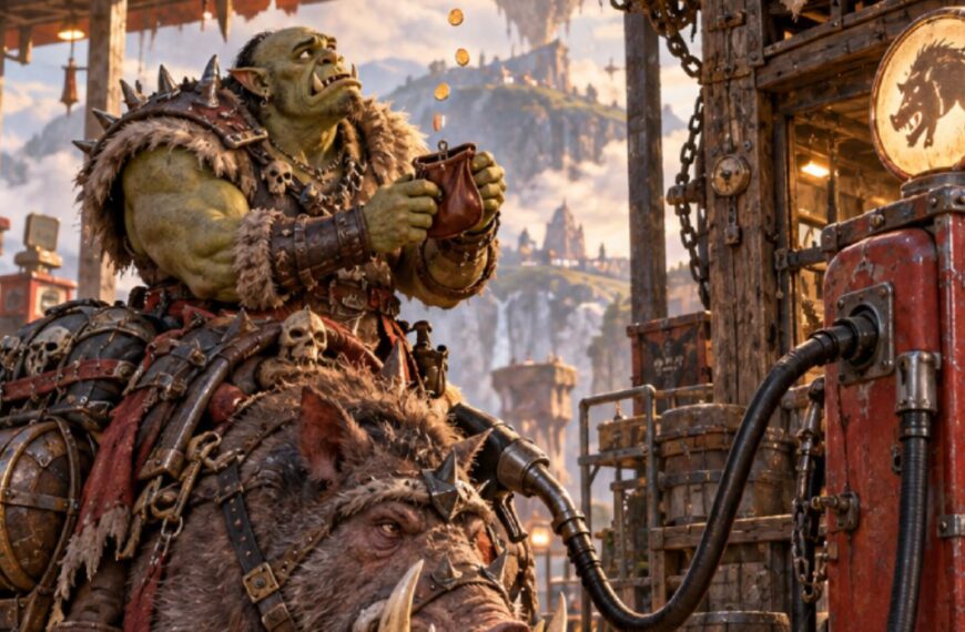 Absurd-fotorealistische Fantasy-Szene an einer prunkvollen Tankstelle der Zwischenreiche: Unten wartet ein frustrierter Ork mit leerem Geldbeutel neben seinem Kampfeber auf den versprochenen Tankrabatt.