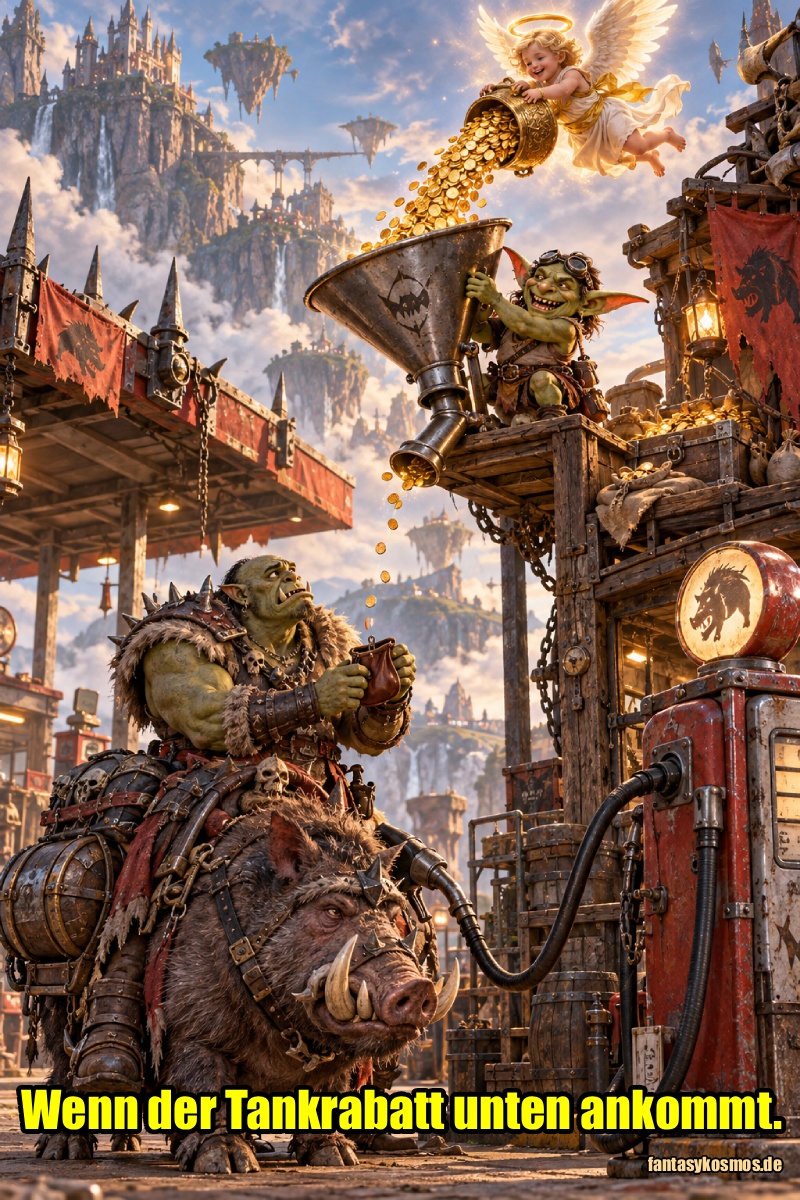 Absurd-fotorealistische Fantasy-Szene an einer prunkvollen Tankstelle der Zwischenreiche: Unten wartet ein frustrierter Ork mit leerem Geldbeutel neben seinem Kampfeber auf den versprochenen Tankrabatt. Über ihm schwebt ein kleiner goldener Rabatt-Engel und kippt Münzen aus. In der Mitte steht jedoch ein gieriger Goblin mit großem Trichter und fängt den Großteil des Geldes ab, sodass beim Ork nur ein kümmerlicher Rest ankommt.