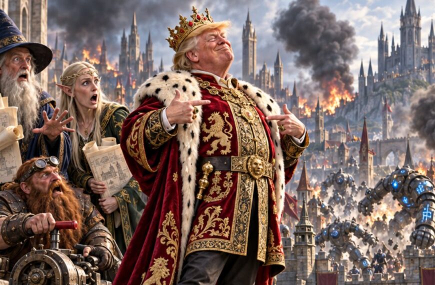 Absurd-fotorealistische politische Fantasy-Satire: Eine deutlich an Donald Trump angelehnte Königsfigur steht selbstzufrieden auf einer Burgmauer und zeigt auf sich, während hinter ihm eine Stadt brennt und leuchtende Runen-Golems durch das Stadttor brechen.