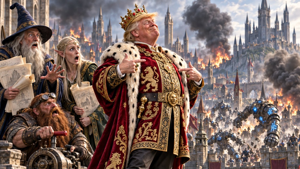 Absurd-fotorealistische politische Fantasy-Satire: Eine deutlich an Donald Trump angelehnte Königsfigur steht selbstzufrieden auf einer Burgmauer und zeigt auf sich, während hinter ihm eine Stadt brennt und leuchtende Runen-Golems durch das Stadttor brechen.