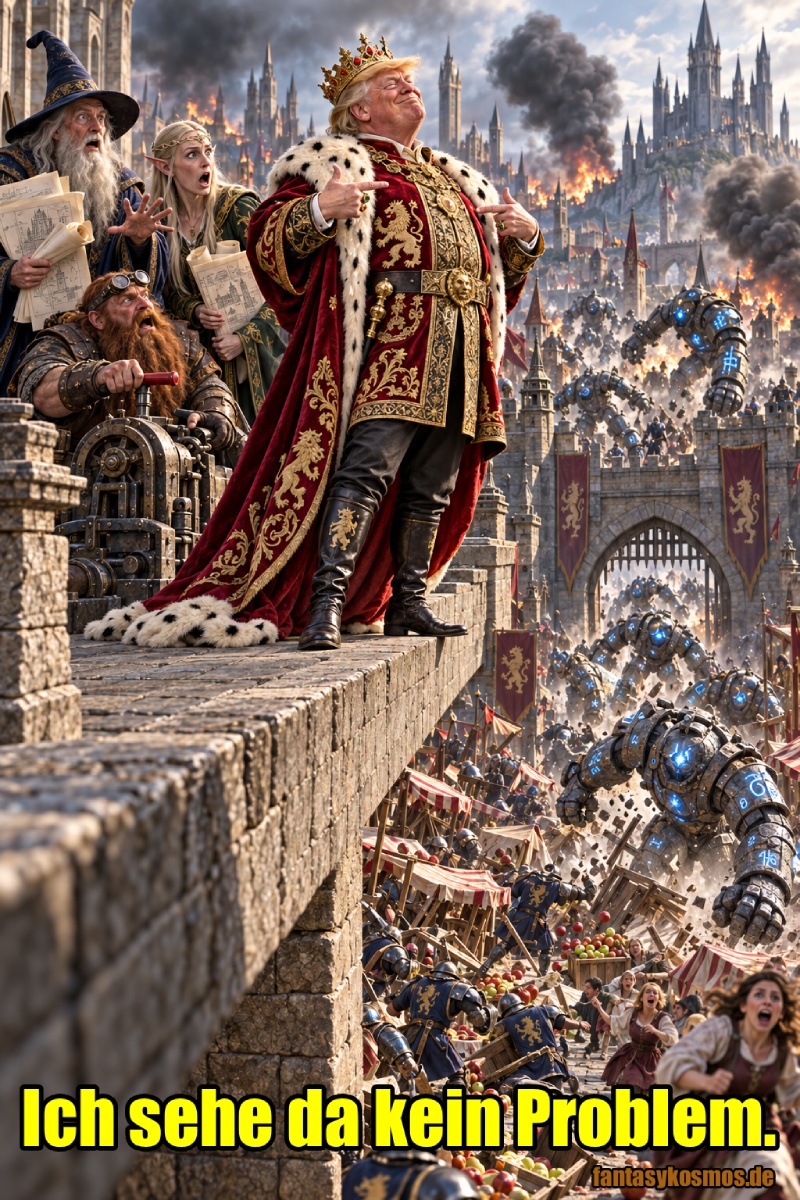 Absurd-fotorealistische politische Fantasy-Satire: Eine deutlich an Donald Trump angelehnte Königsfigur steht selbstzufrieden auf einer Burgmauer und zeigt auf sich, während hinter ihm eine Stadt brennt und leuchtende Runen-Golems durch das Stadttor brechen. Ein Magier, eine Elbin und ein Zwergen-Ingenieur reagieren entsetzt, während unten Wachen, Händler und Bürger vor den außer Kontrolle geratenen Konstrukten fliehen. Im unteren Bildbereich steht der Schriftzug „Ich sehe da kein Problem.“