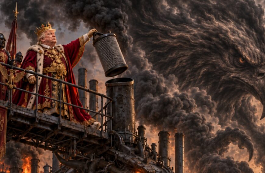 Absurd-fotorealistische politische Fantasy-Satire: Ein deutlich an Donald Trump angelehnter König steht in prunkvoller roter Herrscherrobe auf einer eisernen Plattform über einem gigantischen Drachen-Kohlekraftwerk und hebt triumphierend den letzten großen Filter aus einem Schornstein.