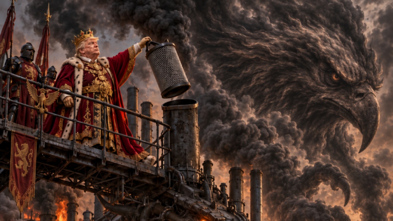 Absurd-fotorealistische politische Fantasy-Satire: Ein deutlich an Donald Trump angelehnter König steht in prunkvoller roter Herrscherrobe auf einer eisernen Plattform über einem gigantischen Drachen-Kohlekraftwerk und hebt triumphierend den letzten großen Filter aus einem Schornstein.