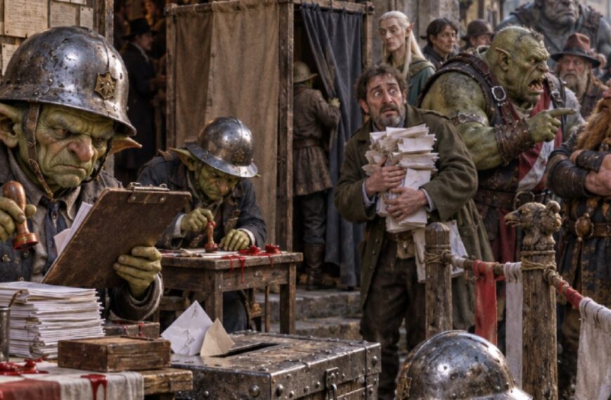 Absurd-fotorealistische Fantasy-Szene vor einem chaotischen Wahllokal in Wachsen-Knallhalt: Mehrere Goblins in viel zu großen Stahlhelmen arbeiten mit amtlichem Ernst an einer riesigen, mit Metall beschlagenen Wahlurne.