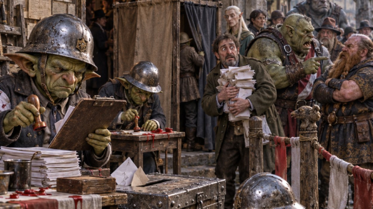 Absurd-fotorealistische Fantasy-Szene vor einem chaotischen Wahllokal in Wachsen-Knallhalt: Mehrere Goblins in viel zu großen Stahlhelmen arbeiten mit amtlichem Ernst an einer riesigen, mit Metall beschlagenen Wahlurne.