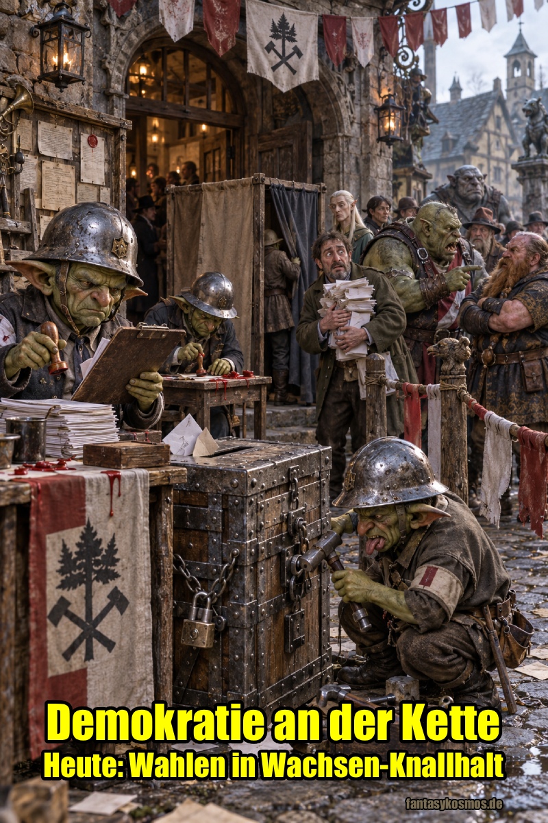 Absurd-fotorealistische Fantasy-Szene vor einem chaotischen Wahllokal in Wachsen-Knallhalt: Mehrere Goblins in viel zu großen Stahlhelmen arbeiten mit amtlichem Ernst an einer riesigen, mit Metall beschlagenen Wahlurne. Einer kontrolliert Papiere mit Klemmbrett und Stempel, ein anderer repariert die Urne mit Hammer und Werkzeug. Im Hintergrund warten Orks, Zwerge, Elben und Menschen vor einer schiefen Wahlkabine, während die Stimmung zwischen Bürokratie, Dorfwahl und beginnender Eskalation schwankt.