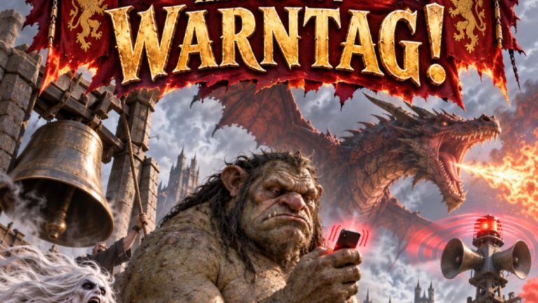 Absurd-fotorealistische Fantasy-Szene zum Warntag: Ein riesiger Troll steht völlig unbeeindruckt mitten im Chaos eines mittelalterlichen Marktplatzes und schaut auf ein winziges vibrierendes Smartphone in seiner Hand.
