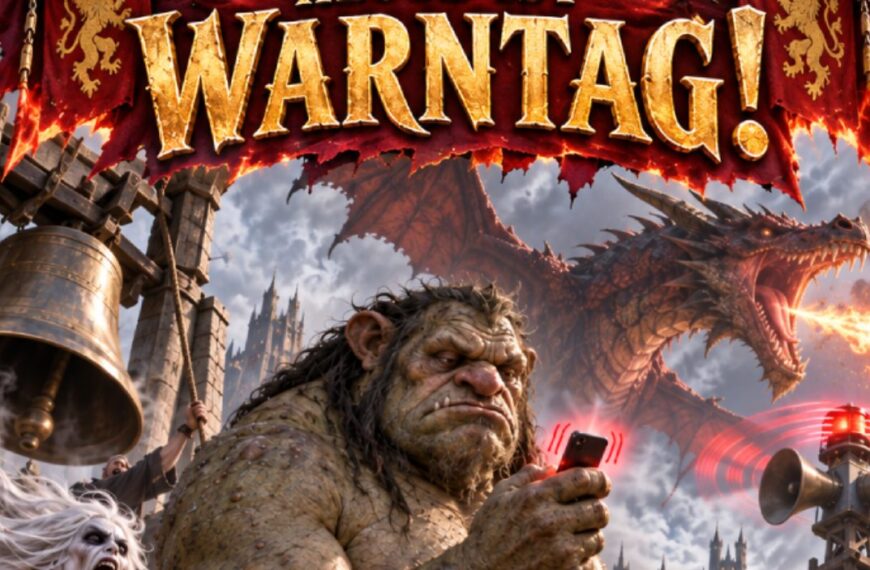 Absurd-fotorealistische Fantasy-Szene zum Warntag: Ein riesiger Troll steht völlig unbeeindruckt mitten im Chaos eines mittelalterlichen Marktplatzes und schaut auf ein winziges vibrierendes Smartphone in seiner Hand.