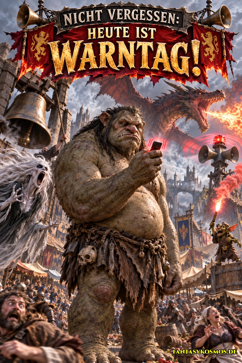 Absurd-fotorealistische Fantasy-Szene zum Warntag: Ein riesiger Troll steht völlig unbeeindruckt mitten im Chaos eines mittelalterlichen Marktplatzes und schaut auf ein winziges vibrierendes Smartphone in seiner Hand. Um ihn herum kreischt eine Banshee, eine gewaltige Glocke wird geläutet, eine Sirene heult, ein Drache brüllt Feuer in den Himmel und ein Kobold feuert eine Signalrakete ab. Im Hintergrund rennen Menschen panisch durcheinander, während der Troll das Handy betrachtet, als hätte es ihn nur wegen einer Paketbenachrichtigung gestört.
