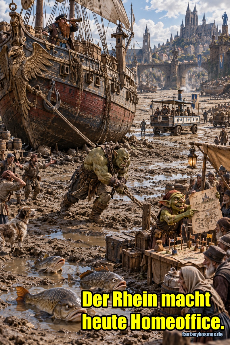 Absurd-fotorealistische Fantasy-Szene in einem ausgetrockneten Flusshafen: Ein gewaltiges Handelsschiff liegt schräg und gestrandet im Schlamm, während ein Zwergen-Kapitän an Deck mit Fernrohr fassungslos auf das verschwundene Wasser blickt. Im Vordergrund zieht ein muskulöser Ork das Schiff mit einem Seil durch den Matsch. Daneben verkauft ein grinsender Goblin an einem kleinen Stand plötzlich Flussgrundstücke und hält einen Lageplan hoch. Mehrere große Fische hocken beleidigt in kleinen Pfützen, während im Hintergrund eine winzige Fähre auf Rädern durch das trockene Flussbett fährt.