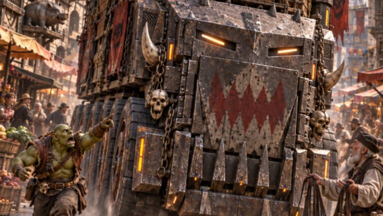 Absurd-fotorealistische Fantasy-Szene in einer mittelalterlichen Marktgasse: Ein riesiger, schwer gepanzerter orkischer Frachtlaster ohne Fahrerkabine und ohne sichtbaren Fahrer rollt selbstständig durch das Straßenchaos.