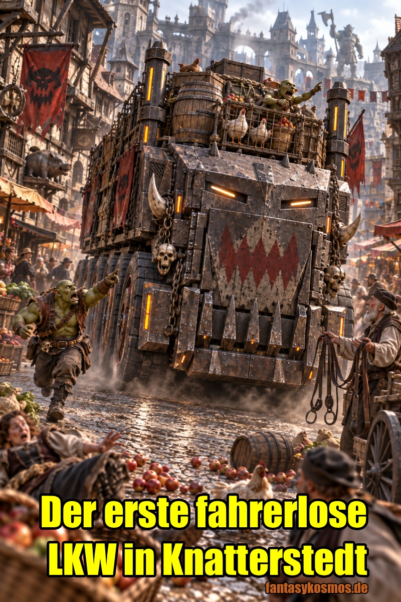 Absurd-fotorealistische Fantasy-Szene in einer mittelalterlichen Marktgasse: Ein riesiger, schwer gepanzerter orkischer Frachtlaster ohne Fahrerkabine und ohne sichtbaren Fahrer rollt selbstständig durch das Straßenchaos. Auf der Ladefläche stapeln sich Fässer, Kisten und Hühner, dazu brüllt ein Goblin von oben wild herum. Links rennt ein Ork neben dem Laster her und ruft sichtbar Anweisungen ins Leere, rechts steht ein alter Kutscher mit nutzlosen Zügeln in der Hand und schaut fassungslos. Auf dem Boden liegen verstreute Äpfel, ein Huhn läuft über das Kopfsteinpflaster, Marktbesucher fliehen panisch.