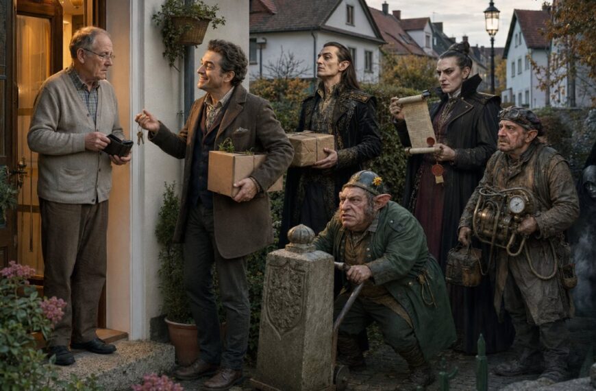 Ein freundlich wirkender falscher Nachbar bittet an einer Haustür um Geld, während hinter ihm mehrere zwielichtige Gestalten aus verschiedenen Fantasy-Reichen mit Paket, Grenzstein, Dokumenten und Werkzeug warten.