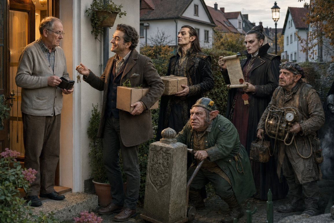Ein freundlich wirkender falscher Nachbar bittet an einer Haustür um Geld, während hinter ihm mehrere zwielichtige Gestalten aus verschiedenen Fantasy-Reichen mit Paket, Grenzstein, Dokumenten und Werkzeug warten.