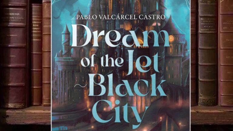 Cover der deutschen Ausgabe von Pablo Valcárcel Castros Dream of the Jet-Black City mit düsterer fantastischer Stadtlandschaft, schwarzer Architektur und bedrohlich-magischer Atmosphäre unter einem stürmischen Himmel.