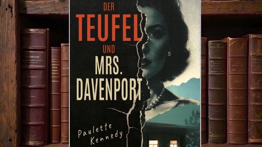 Cover von Paulette Kennedys Der Teufel und Mrs. Davenport mit einer stilisierten Frau im Look der 1950er Jahre, deren Gesicht durch einen vertikalen Riss geteilt wird; darunter ein dunkles Haus mit erleuchteten Fenstern in Schwarz, Petrol und Rot.