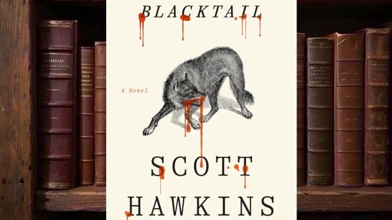 Cover von Scott Hawkins’ Blacktail auf hellem cremefarbenem Hintergrund mit einer schwarz gezeichneten, blutverschmierten Wolfsfigur in der Mitte; Titel und Autorenname stehen in großer schwarzer Serifenschrift, rote Bluttropfen laufen über mehrere Buchstaben.