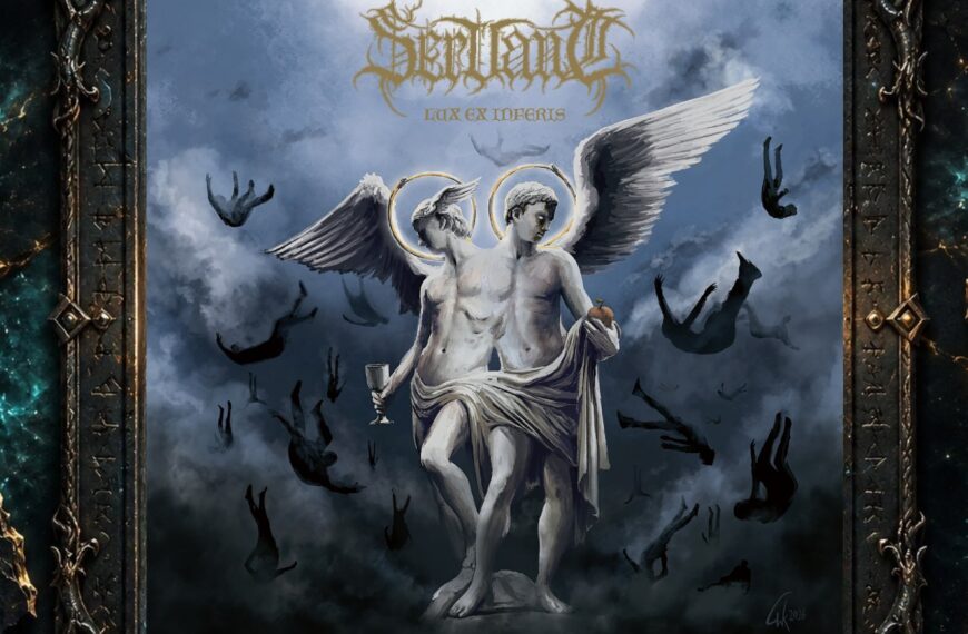 Albumcover von Servant – Lux Ex Inferis: Eine doppelte, geflügelte Engelsgestalt mit goldenen Heiligenscheinen steht zentral vor wolkigem blau-grauem Hintergrund. Ringsum stürzen schwarze menschliche Silhouetten in die Tiefe. Oben stehen Bandname und Albumtitel in goldener Schrift.