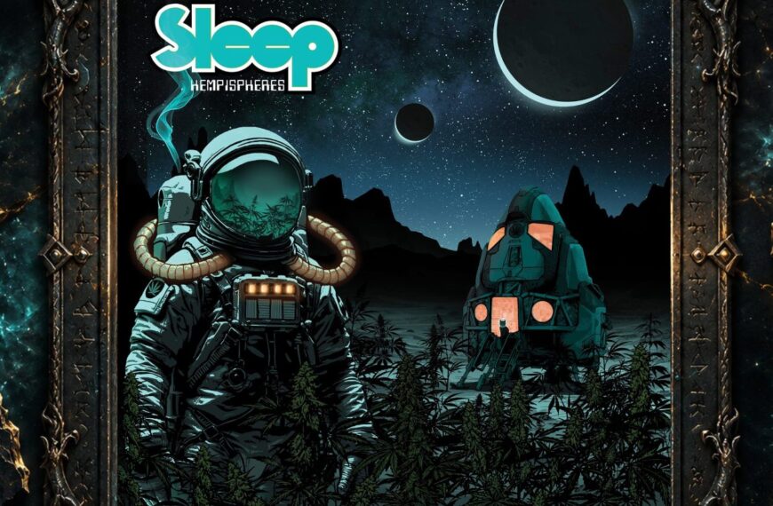 Albumcover von Sleep – Hempispheres: Ein Astronaut steht auf einem fremden Planeten zwischen hohen Cannabispflanzen. In seinem Visier spiegeln sich weitere Pflanzen, Rauch steigt am Raumanzug auf. Rechts steht eine futuristische Landefähre mit orange beleuchteten Fenstern. Am Sternenhimmel schweben zwei dunkle Himmelskörper, während schwarze Felsformationen den Horizont bilden.