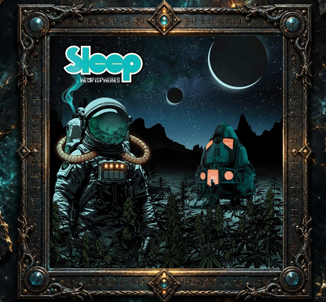Albumcover von Sleep – Hempispheres: Ein Astronaut steht auf einem fremden Planeten zwischen hohen Cannabispflanzen. In seinem Visier spiegeln sich weitere Pflanzen, Rauch steigt am Raumanzug auf. Rechts steht eine futuristische Landefähre mit orange beleuchteten Fenstern. Am Sternenhimmel schweben zwei dunkle Himmelskörper, während schwarze Felsformationen den Horizont bilden.
