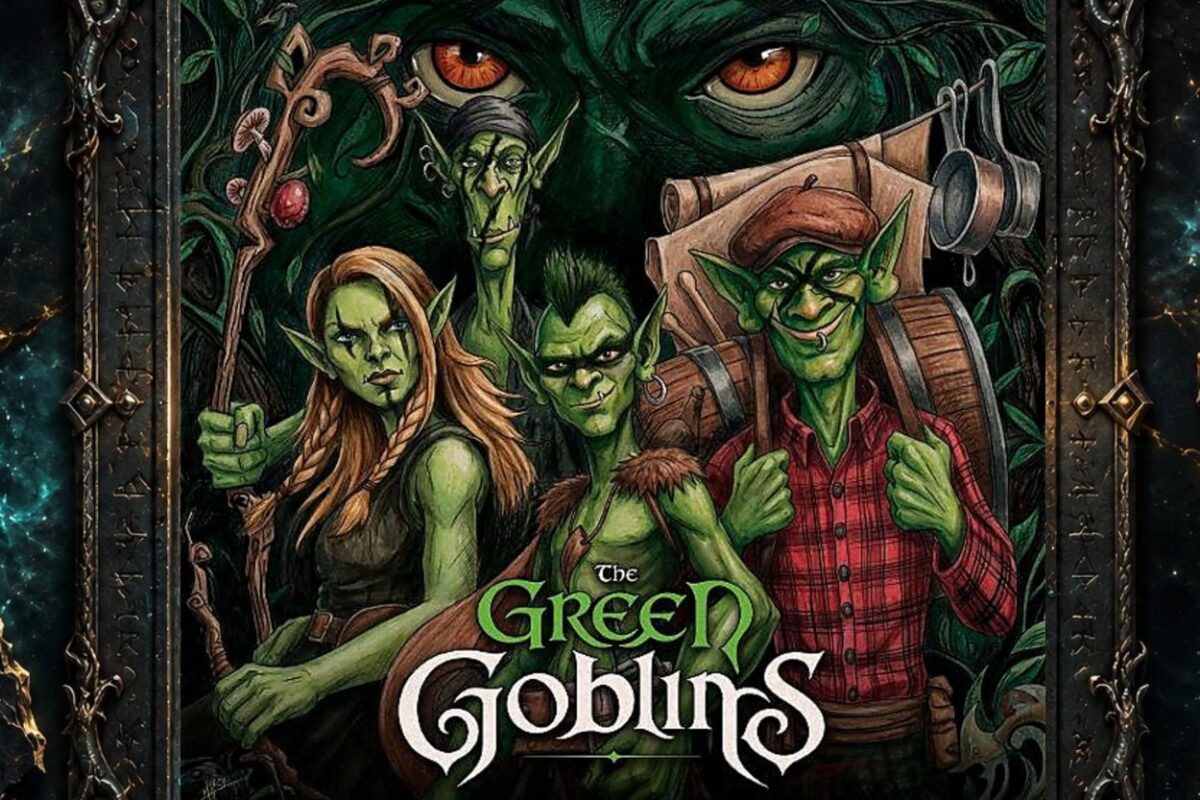 Albumcover von The Green Goblins – The Green Goblins: Vier grüne Goblinfiguren stehen dicht beieinander vor dunklem Waldhintergrund. Im Vordergrund trägt eine Figur Wandergepäck und eine rote karierte Jacke, links hält eine andere einen knorrigen Stab. Im Hintergrund blicken große orangefarbene Augen aus dem Dickicht. Unten steht der Bandname in großer weiß-grüner Schrift.