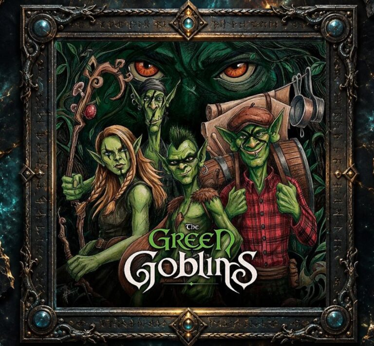 Albumcover von The Green Goblins – The Green Goblins: Vier grüne Goblinfiguren stehen dicht beieinander vor dunklem Waldhintergrund. Im Vordergrund trägt eine Figur Wandergepäck und eine rote karierte Jacke, links hält eine andere einen knorrigen Stab. Im Hintergrund blicken große orangefarbene Augen aus dem Dickicht. Unten steht der Bandname in großer weiß-grüner Schrift.