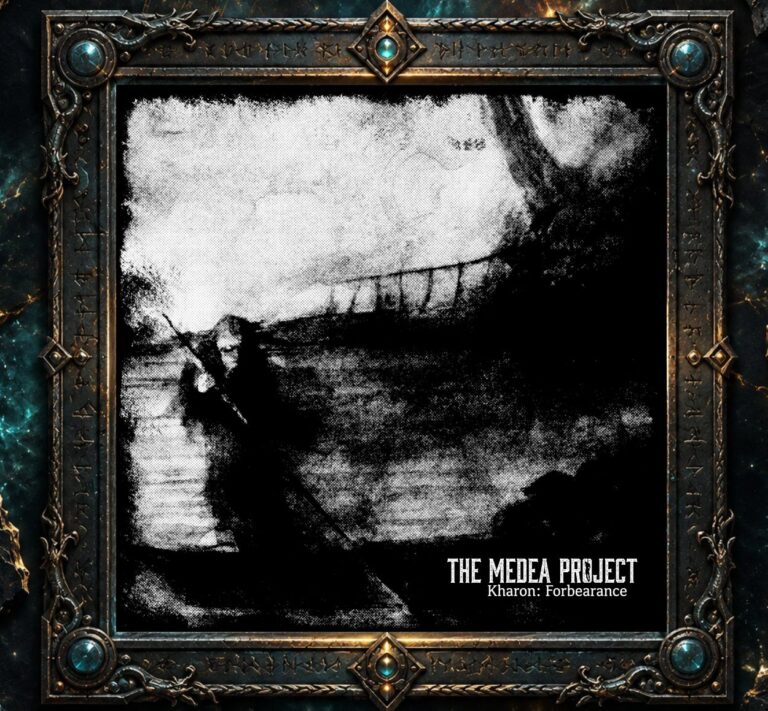 Albumcover von The Medea Project – Kharon: Forbearance: Stark verfremdete schwarzweiße Szene in grobem, beschädigt wirkendem Raster. Links steht eine dunkle Gestalt mit langem Stab im Wasser, darüber erhebt sich eine nur teilweise erkennbare massive Form. Große schwarze Flächen und ausgefranste Bildränder erzeugen den Eindruck einer alten, stark beschädigten Fotografie. Unten rechts stehen Bandname und Albumtitel.