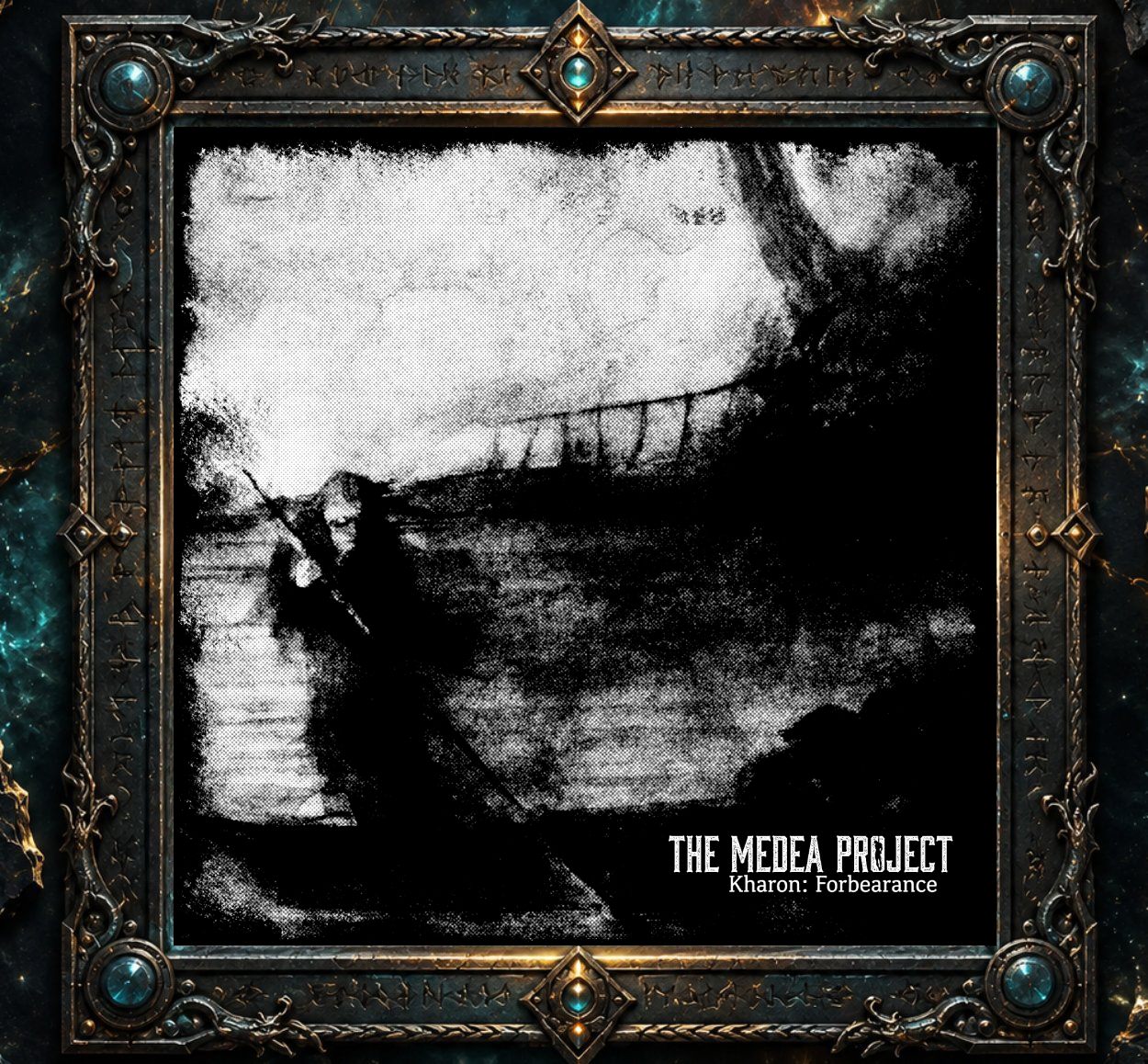 Albumcover von The Medea Project – Kharon: Forbearance: Stark verfremdete schwarzweiße Szene in grobem, beschädigt wirkendem Raster. Links steht eine dunkle Gestalt mit langem Stab im Wasser, darüber erhebt sich eine nur teilweise erkennbare massive Form. Große schwarze Flächen und ausgefranste Bildränder erzeugen den Eindruck einer alten, stark beschädigten Fotografie. Unten rechts stehen Bandname und Albumtitel.