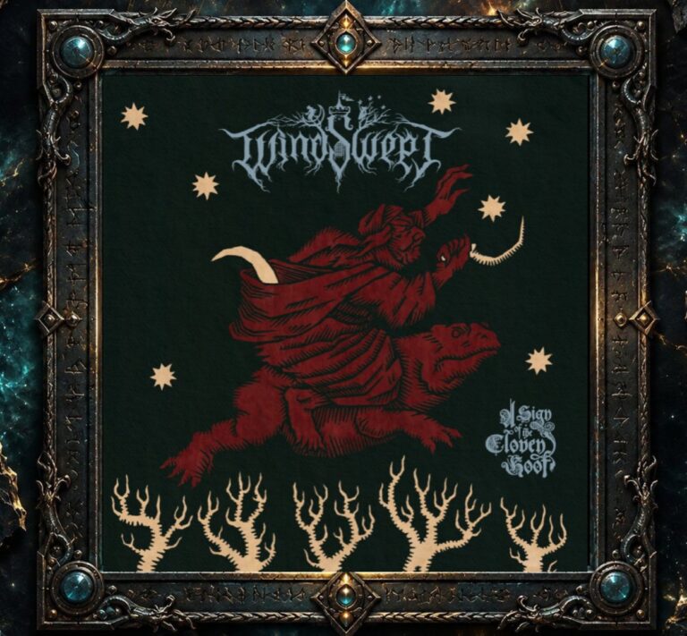 Albumcover von Windswept – A Sign of the Cloven Hoof: Auf schwarzem Hintergrund reitet eine rote, gehörnte Dämonengestalt auf einem tierhaften Wesen durch die Nacht. Darüber steht das Bandlogo, darunter ragen bleiche, knorrige Bäume empor.