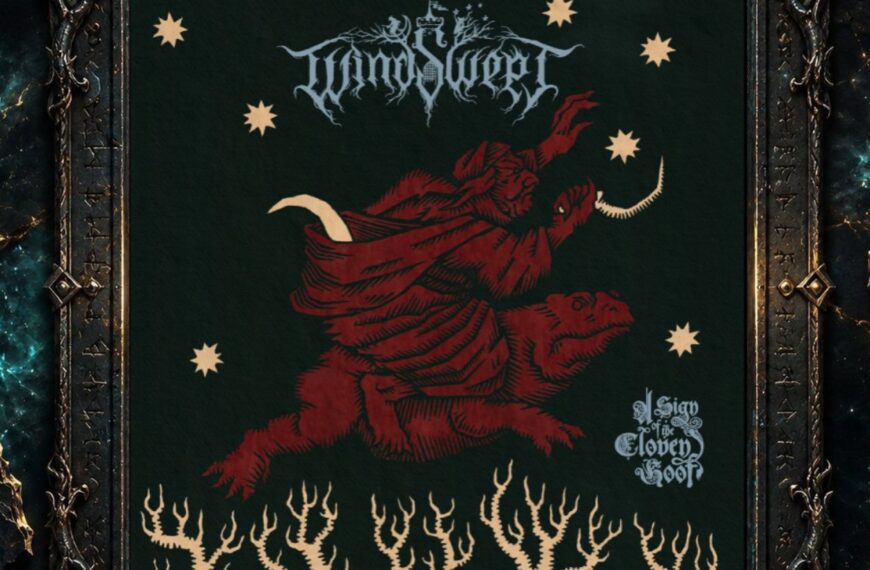 Albumcover von Windswept – A Sign of the Cloven Hoof: Auf schwarzem Hintergrund reitet eine rote, gehörnte Dämonengestalt auf einem tierhaften Wesen durch die Nacht. Darüber steht das Bandlogo, darunter ragen bleiche, knorrige Bäume empor.