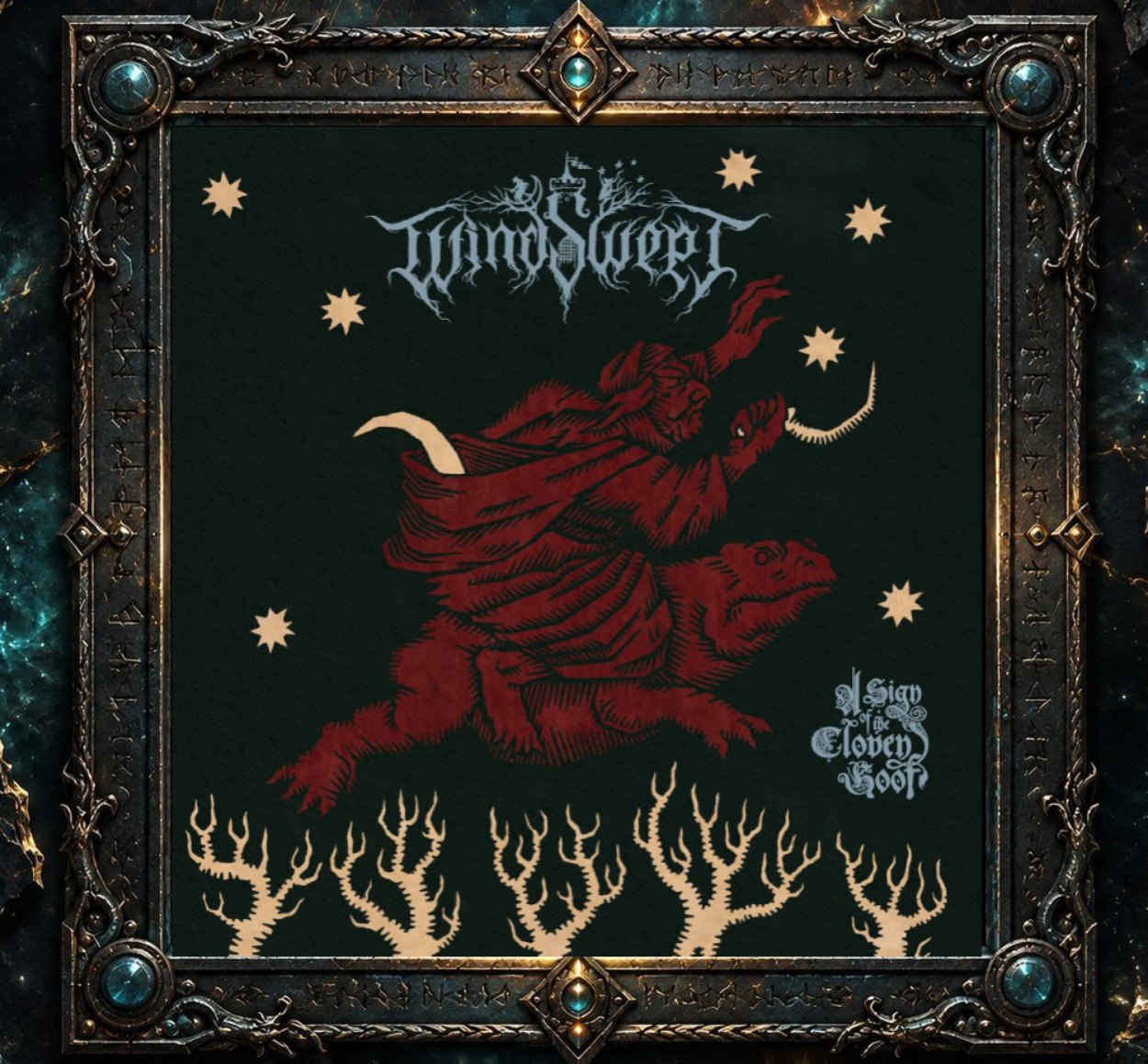 Albumcover von Windswept – A Sign of the Cloven Hoof: Auf schwarzem Hintergrund reitet eine rote, gehörnte Dämonengestalt auf einem tierhaften Wesen durch die Nacht. Darüber steht das Bandlogo, darunter ragen bleiche, knorrige Bäume empor.