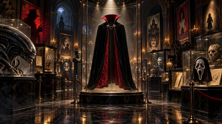 Düstere 16:9-Illustration einer opulenten Horror-Ausstellung mit einem schwarzen Dracula-Umhang in einer Glasvitrine, umgeben von Alien-Kreatur, Slasher-Masken, Filmrollen und klassischen Horror-Requisiten.