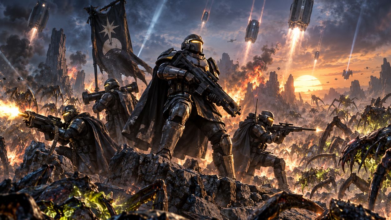 Mehrere schwer gepanzerte Science-Fiction-Soldaten verteidigen sich in einer brennenden Schlachtlandschaft gegen eine überwältigende Zahl insektoider Alienwesen, während Landekapseln vom Himmel herabstürzen.