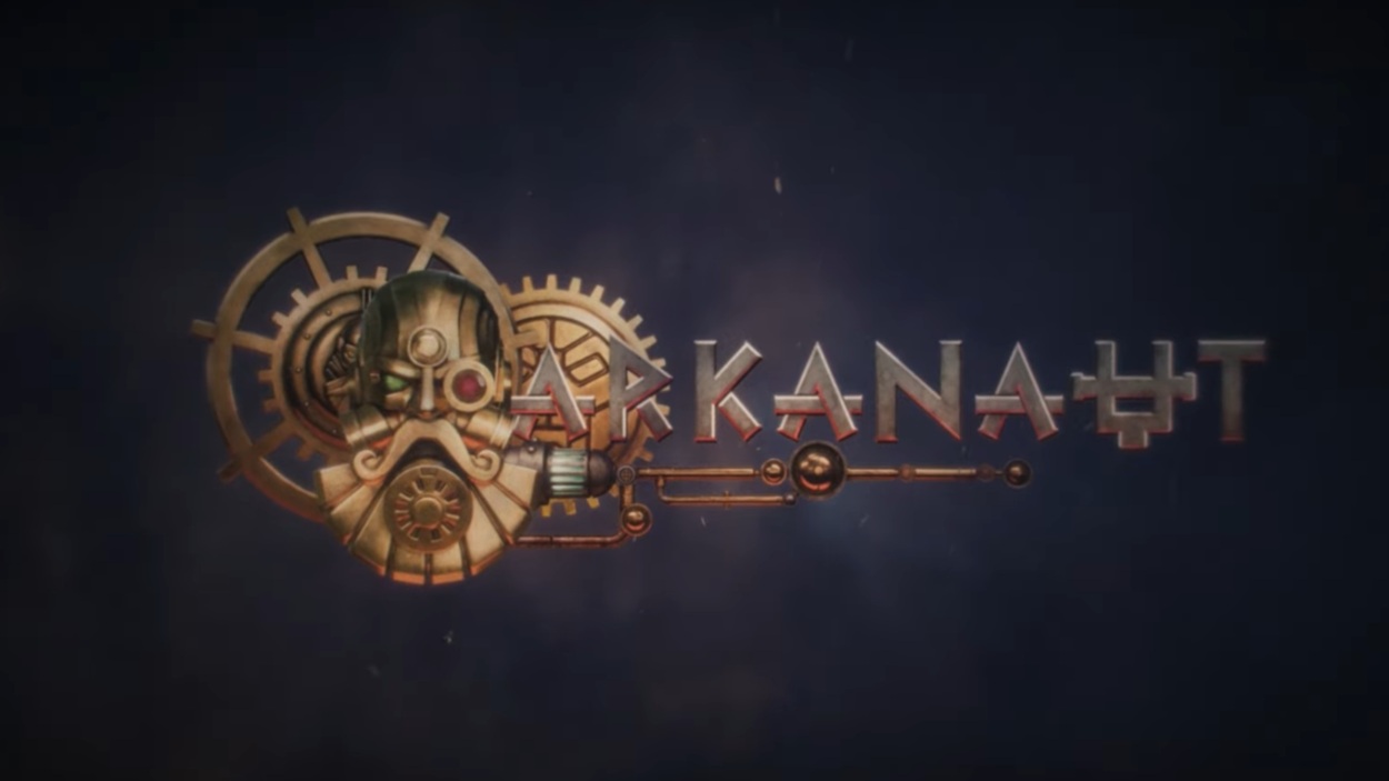 Das metallische Logo der Warhammer-Serie Arkanaut steht vor dunklem Hintergrund; links ist ein stilisierter Kharadron-Helm mit Zahnrädern und mechanischen Elementen zu sehen.