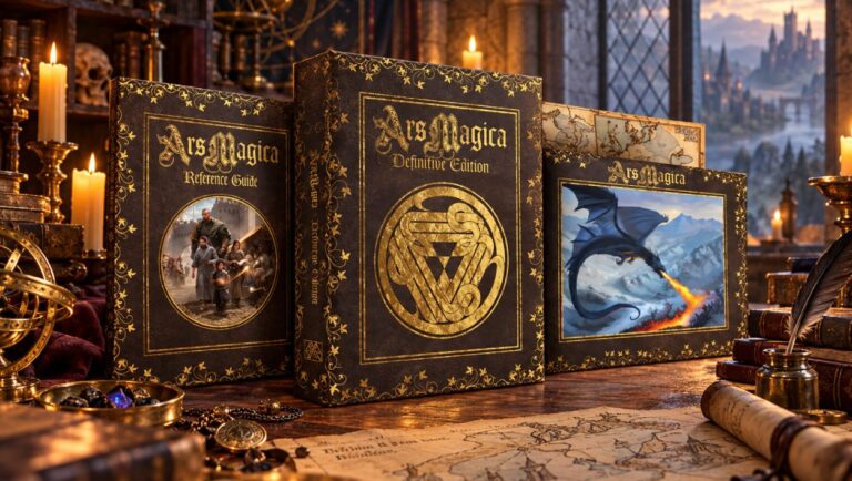 Die Bücher der Ars Magica Definitive Edition stehen in einer stimmungsvoll beleuchteten mittelalterlichen Studierstube zwischen Kerzen, Karten, Büchern und magischen Instrumenten.
