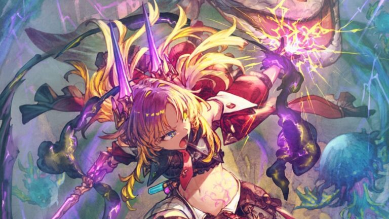 Karia springt mit gezogener Waffe durch eine leuchtende Fantasy-Szene, während hinter ihr eine große drachenartige Kreatur angreift.