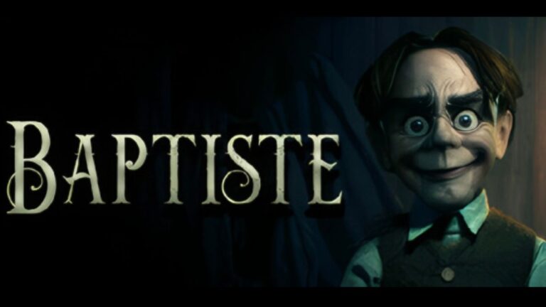 Die unheimliche Puppe Baptiste steht in einem dunklen Raum, daneben ist der Titel des Horrorspiels eingeblendet.
