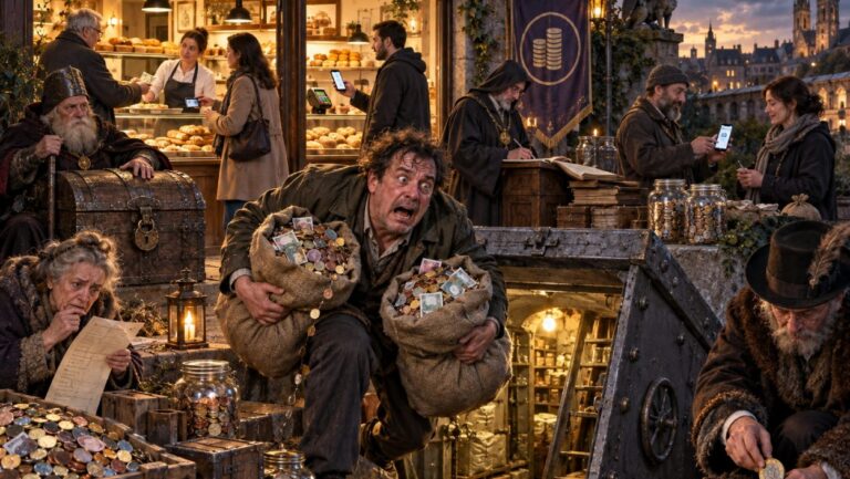 Ein panischer Mann trägt zwei schwere Säcke voller Münzen und Geldscheine in einen unterirdischen Bunker. Um ihn herum stapeln Menschen Bargeld in Truhen, Gläsern und Kisten, während im Hintergrund in einer Bäckerei gleichzeitig bar und mit dem Smartphone bezahlt wird.