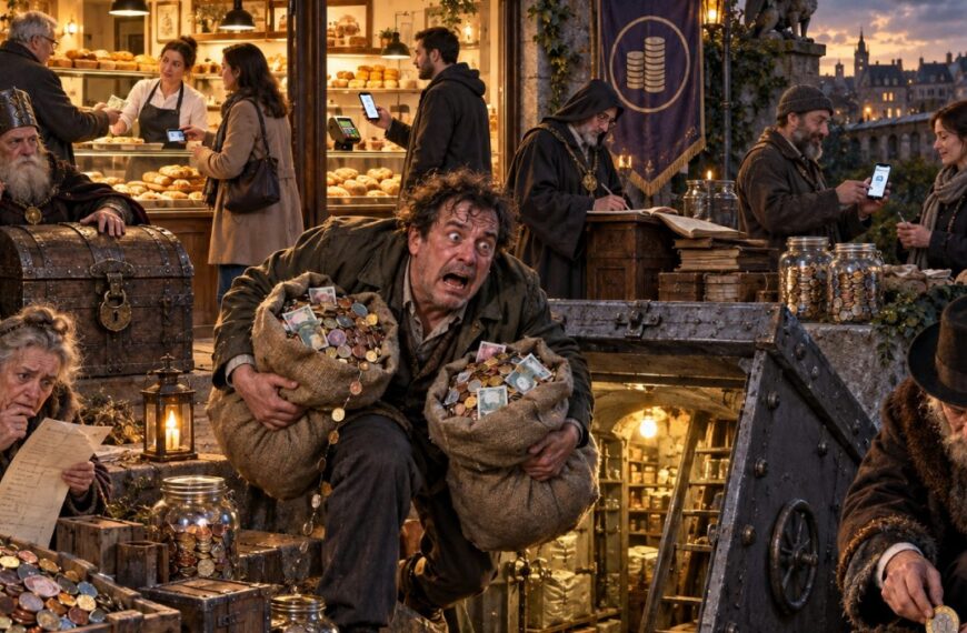 Ein panischer Mann trägt zwei schwere Säcke voller Münzen und Geldscheine in einen unterirdischen Bunker. Um ihn herum stapeln Menschen Bargeld in Truhen, Gläsern und Kisten, während im Hintergrund in einer Bäckerei gleichzeitig bar und mit dem Smartphone bezahlt wird.