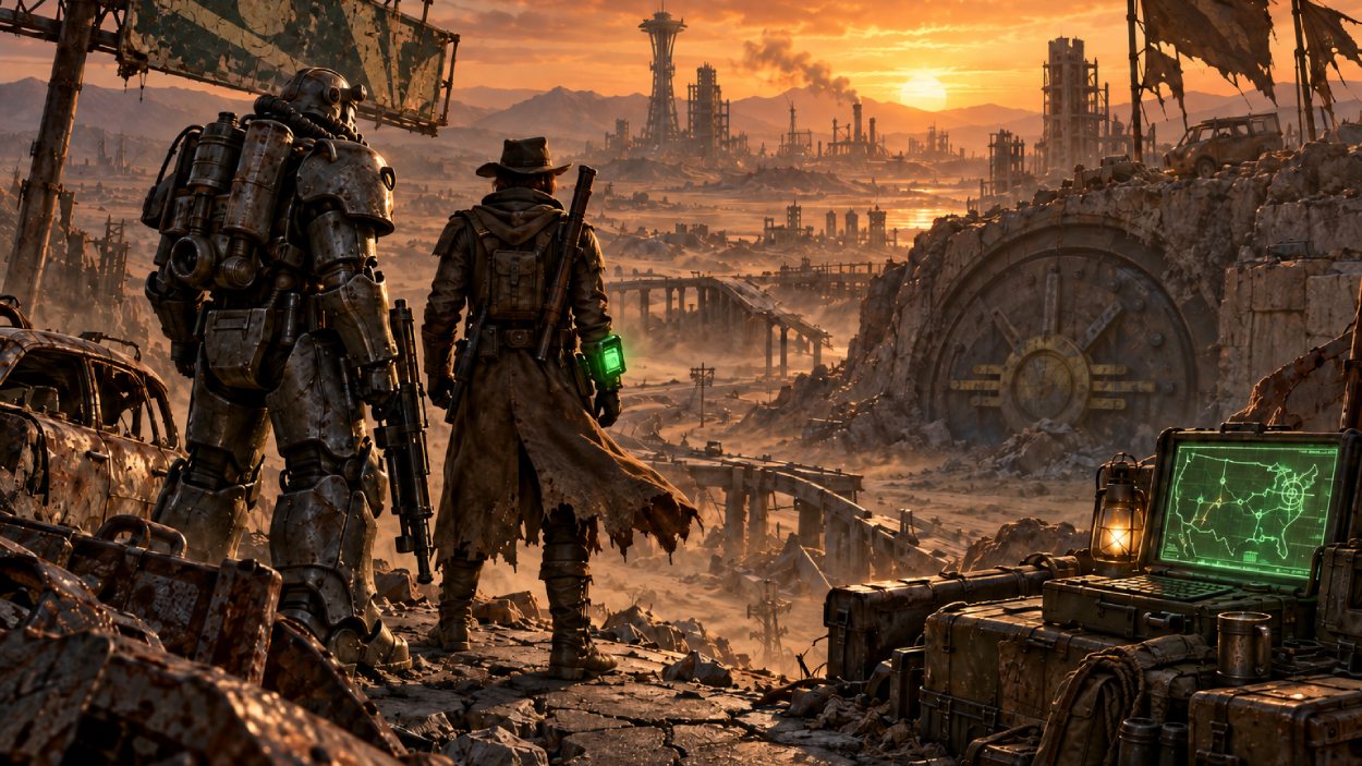 Postapokalyptische Ödland-Szene mit Ruinen, Staub und atmosphärischem Himmel als Symbolbild für die engere Verbindung von Bethesda und Obsidian im Fallout-Umfeld.
