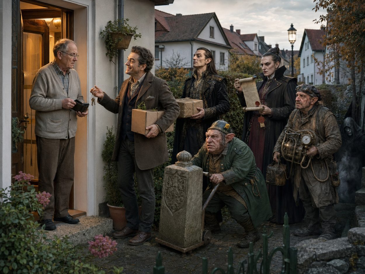In einem überfüllten bayerischen Festzelt kassiert ein elegant gekleideter Fantasy-Händler Goldmünzen von Gästen, während ein weiterer Händler heimlich überteuerte Tischplätze anbietet.