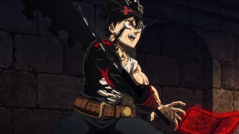Asta aus Black Clover steht kampfbereit in einer dunklen Umgebung, während vor ihm rote magische Energie leuchtet.