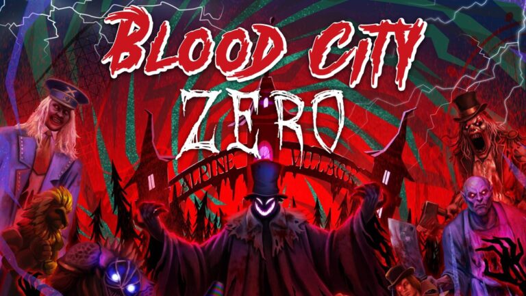 Offizielles Blood-City-Zero-Motiv mit mehreren grotesken Horrorfiguren vor einer grell rot-schwarzen Freizeitpark-Kulisse.