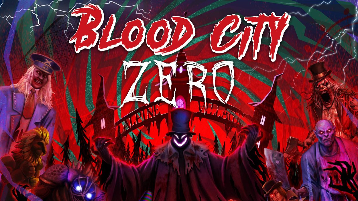 Offizielles Blood-City-Zero-Motiv mit mehreren grotesken Horrorfiguren vor einer grell rot-schwarzen Freizeitpark-Kulisse.