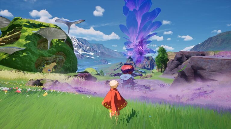 Das wandernde Haus aus Bloomwalker steht in einer farbenfrohen Fantasylandschaft des Ni-no-Kuni-Universums, begleitet von kleinen Naturgeistern.