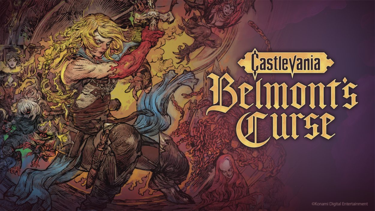Offizielles Keyart zu Castlevania: Belmont’s Curse mit Rose Belmont im Kampf, umgeben von düsteren Kreaturen und dem goldenen Spiellogo.