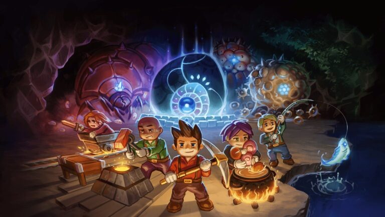Mehrere Figuren aus Core Keeper erkunden gemeinsam eine unterirdische Fantasywelt, schmieden, kochen, angeln und arbeiten vor großen leuchtenden Maschinen und Kreaturen.